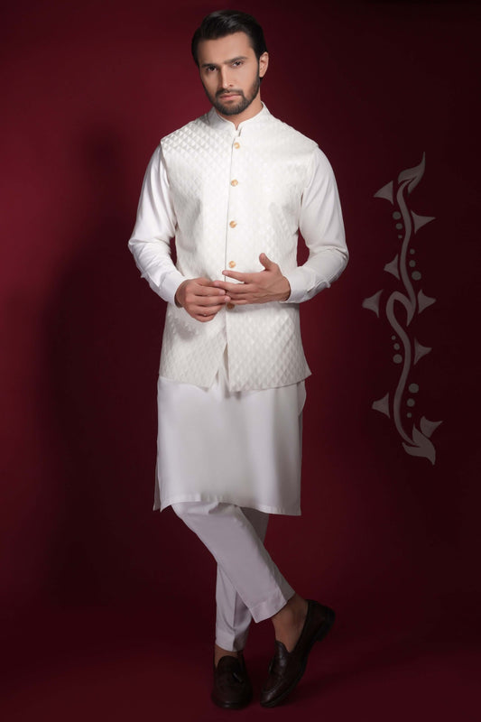 Arsalan Iqbal White Iron EZ Viscose Polyblend Waistcoat Set Knee-Length Front View for Men
