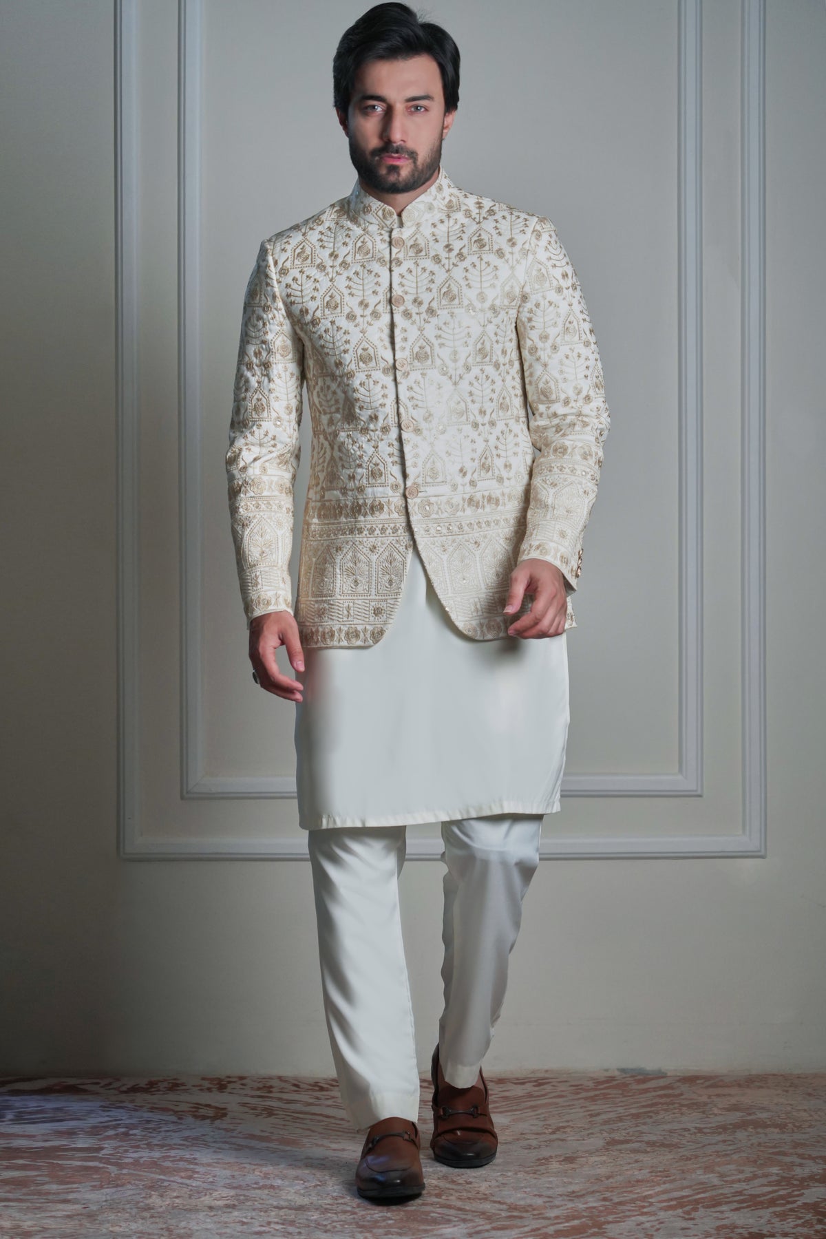 Aurora ivory and gold resham embroidered prince jacket on rawsilk with intricate earthy-tone borders