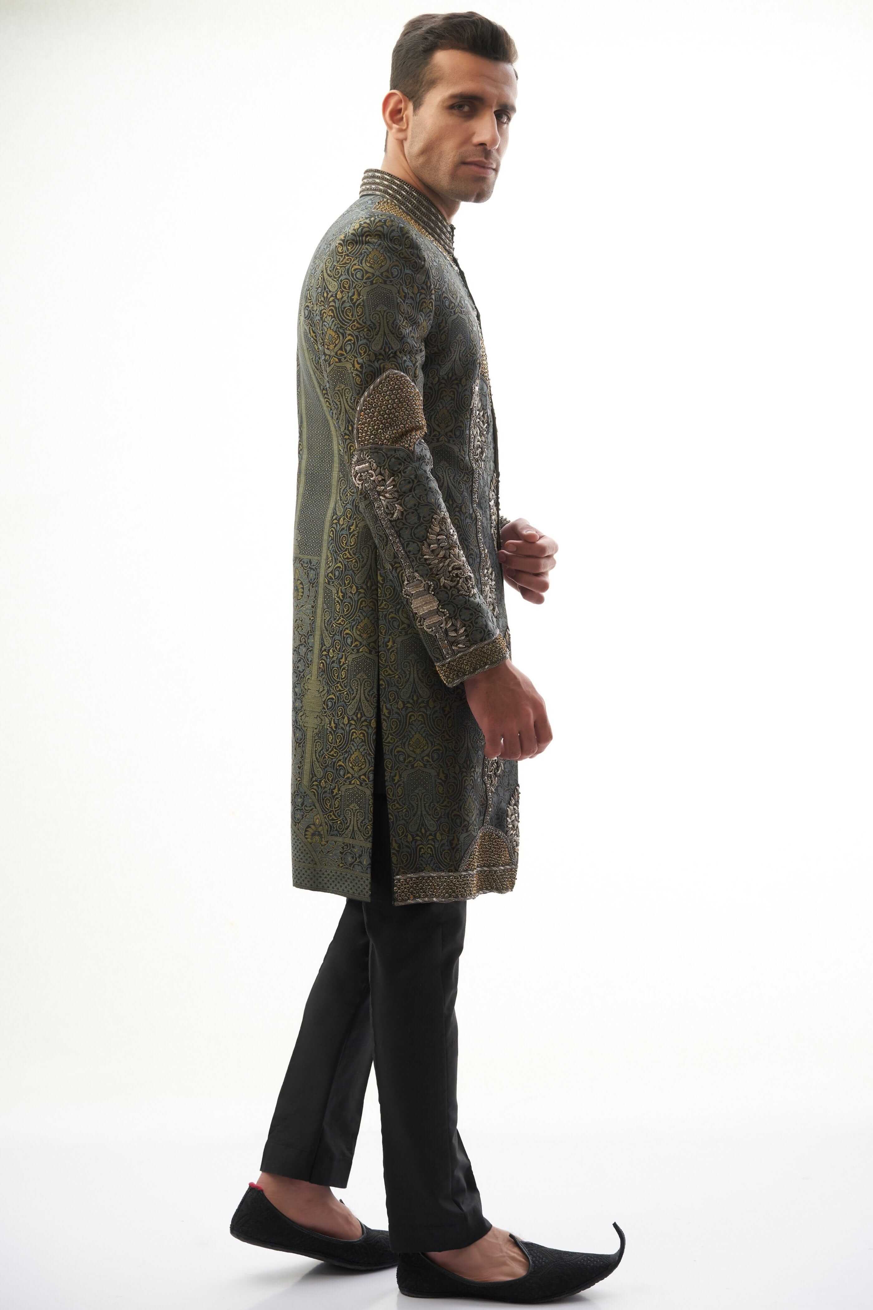  Black & Grey Engineered Brocade Sherwani – Sophisticated brocade fabric with a modern engineered design for a regal look.