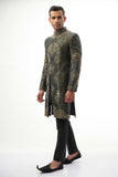  Black & Grey Engineered Brocade Sherwani – Sophisticated brocade fabric with a modern engineered design for a regal look.