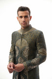  Black & Grey Engineered Brocade Sherwani – Sophisticated brocade fabric with a modern engineered design for a regal look.