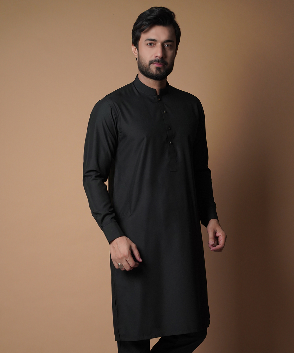 Black Shalwar Kameez with Mandarin Collar - Elegant Traditional Men's Wear