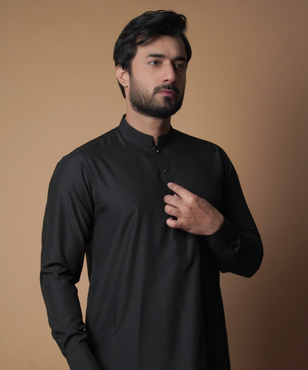 Black Shalwar Kameez with Mandarin Collar - Elegant Traditional Men's Wear