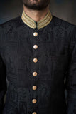  Black Thread Embroidered Silk Sherwani with Zardozi Adornments, Royal Wedding Attire.