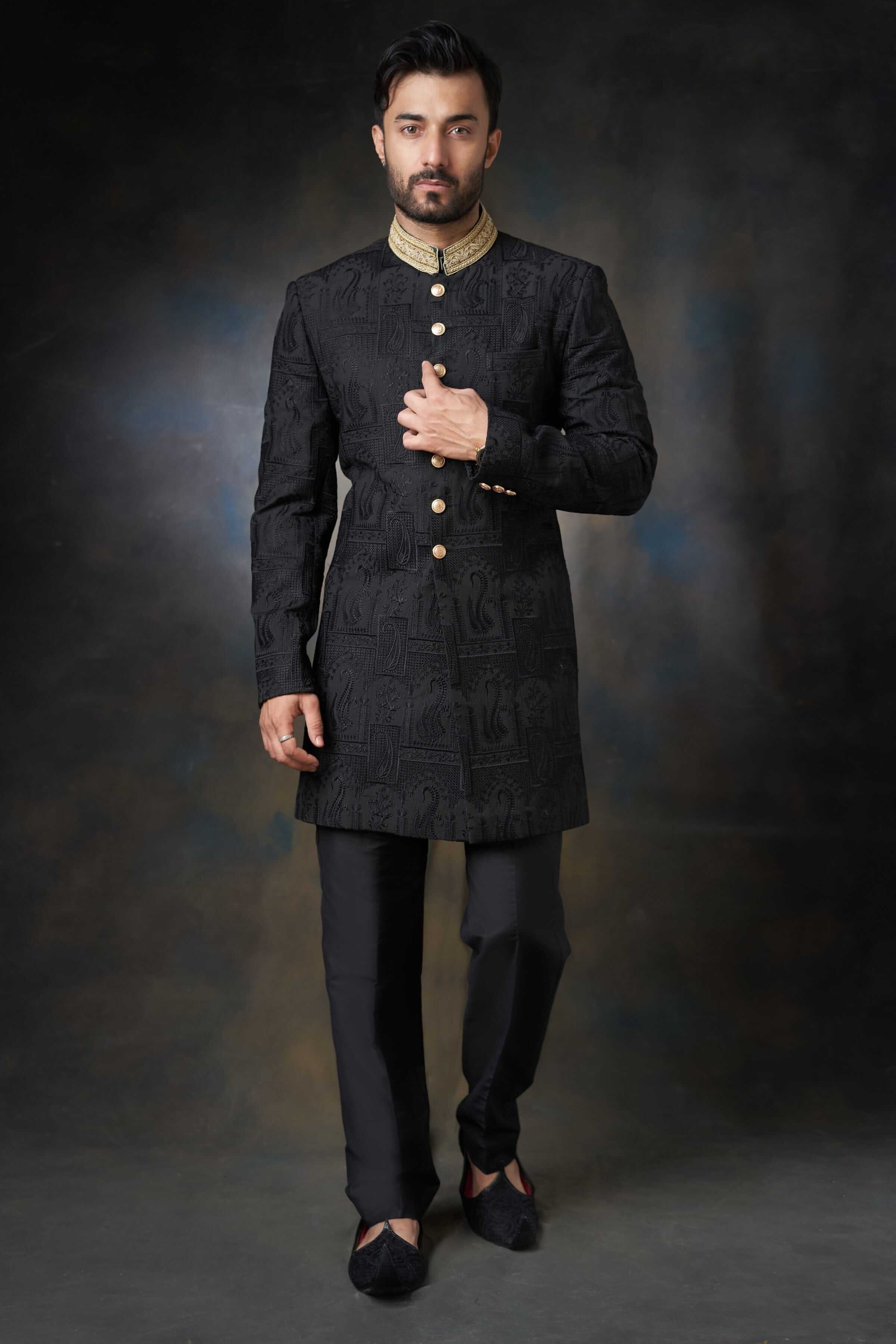  Black Thread Embroidered Silk Sherwani with Zardozi Adornments, Royal Wedding Attire.