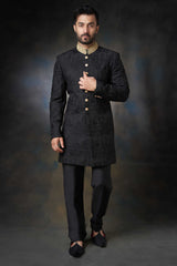  Black Thread Embroidered Silk Sherwani with Zardozi Adornments, Royal Wedding Attire.