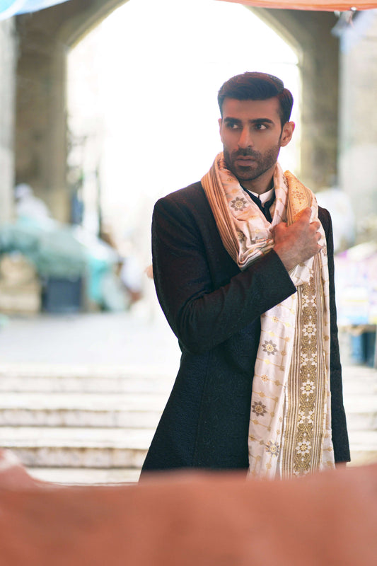  Black Tilla & Resham Jacket/Sherwani, Elegant Embroidered Wedding Wear
