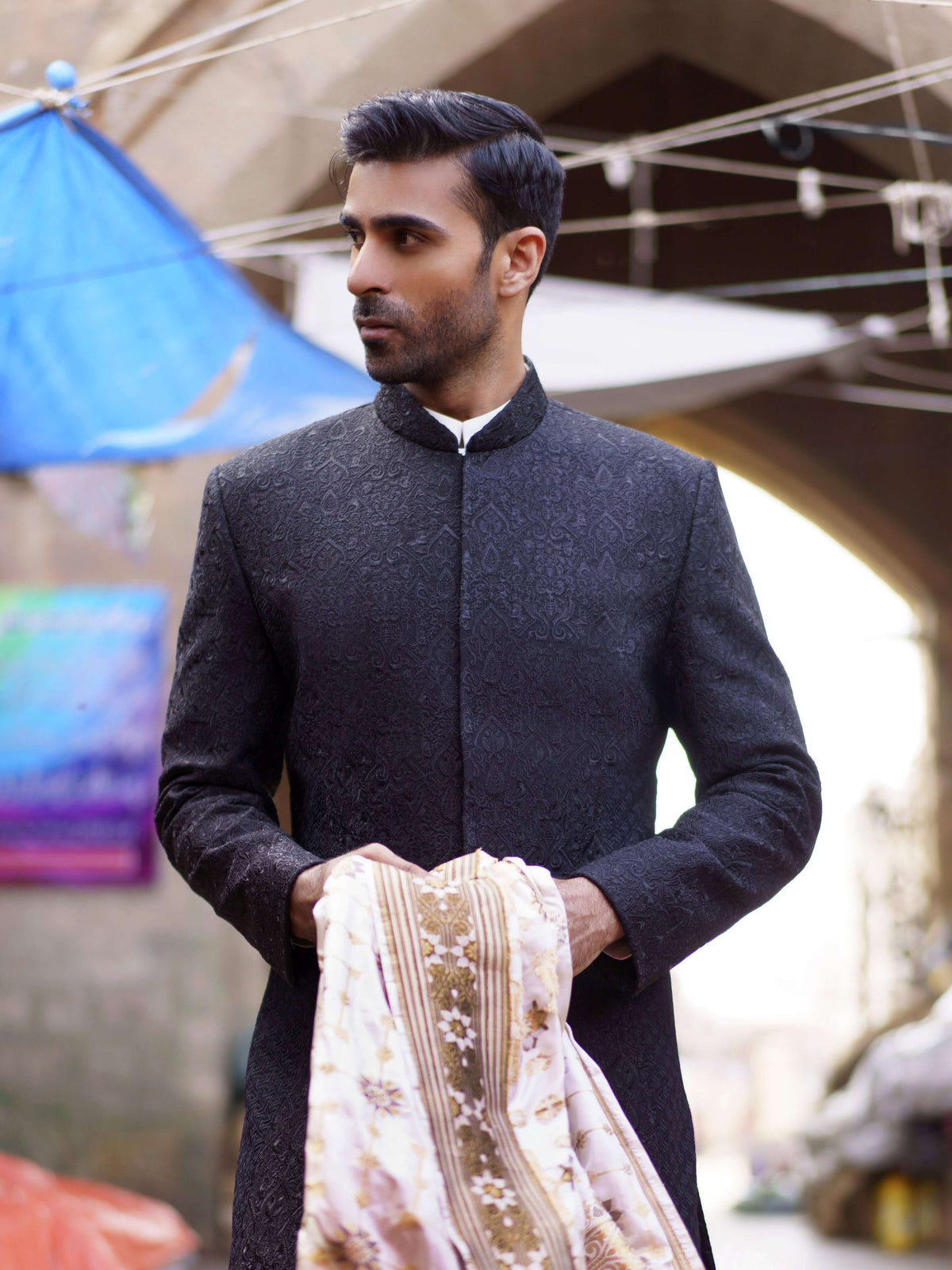  Black Tilla & Resham Jacket/Sherwani, Elegant Embroidered Wedding Wear