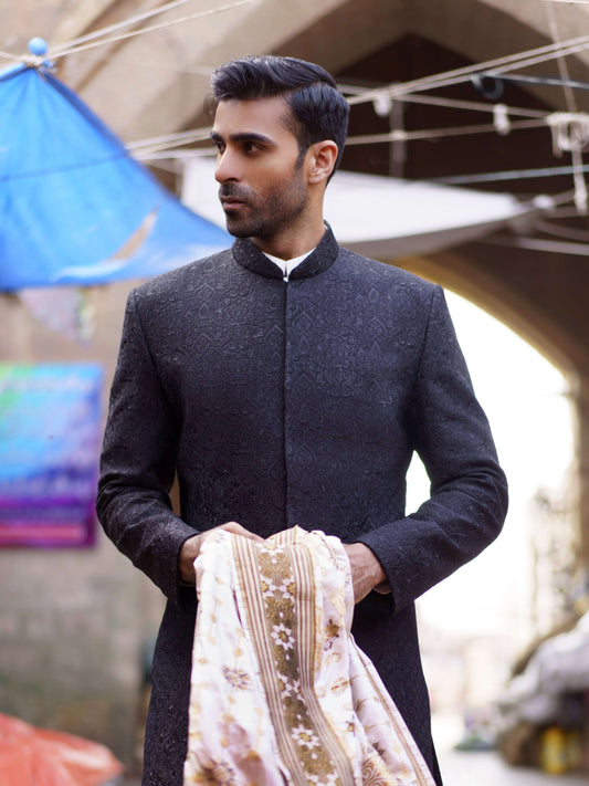  Black Tilla & Resham Jacket/Sherwani, Elegant Embroidered Wedding Wear
