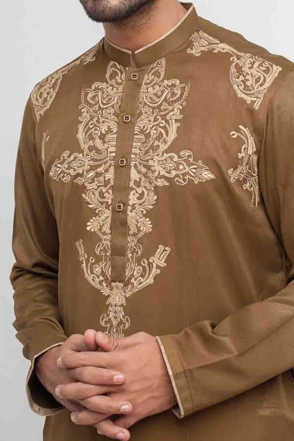 Brown Thread Embroidered Shalwar Kameez – Elegant Traditional Attire