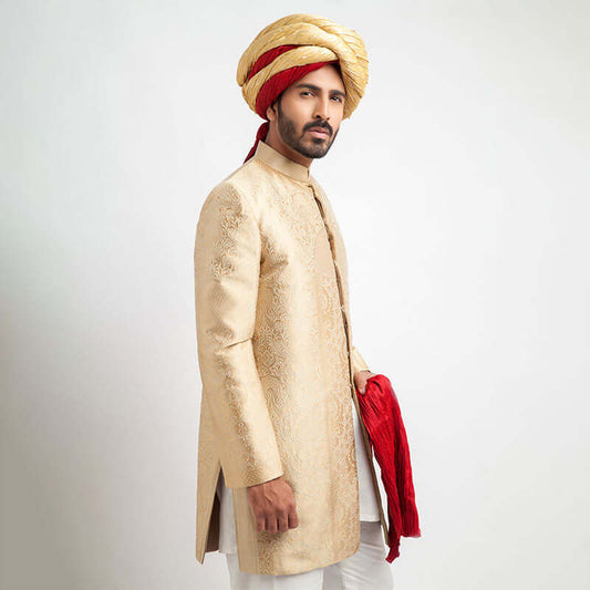 Champagne Gold Brocade Short Sherwani, Elegant Embroidered Wedding Attire