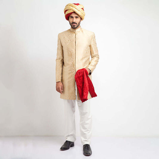 Champagne Gold Brocade Short Sherwani, Elegant Embroidered Wedding Attire
