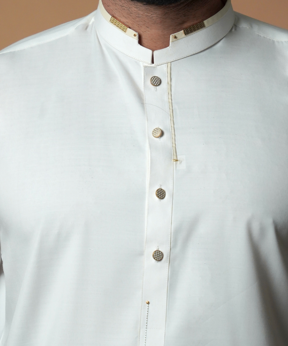 Classic Ivory Kurta and Pyjama with Gold Detail - Elegant Men's Attire