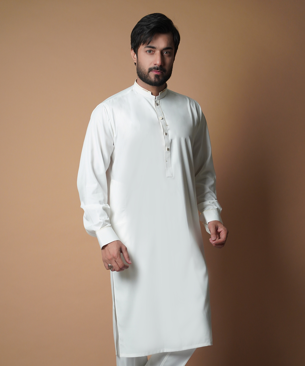 Classic Ivory Kurta and Pyjama with Gold Detail - Elegant Men's Attire