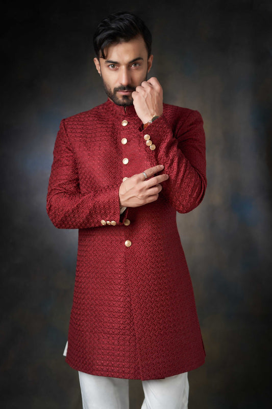 Deep Maroon Short Length Embroidered Sherwani, Luxury Wedding Wear.