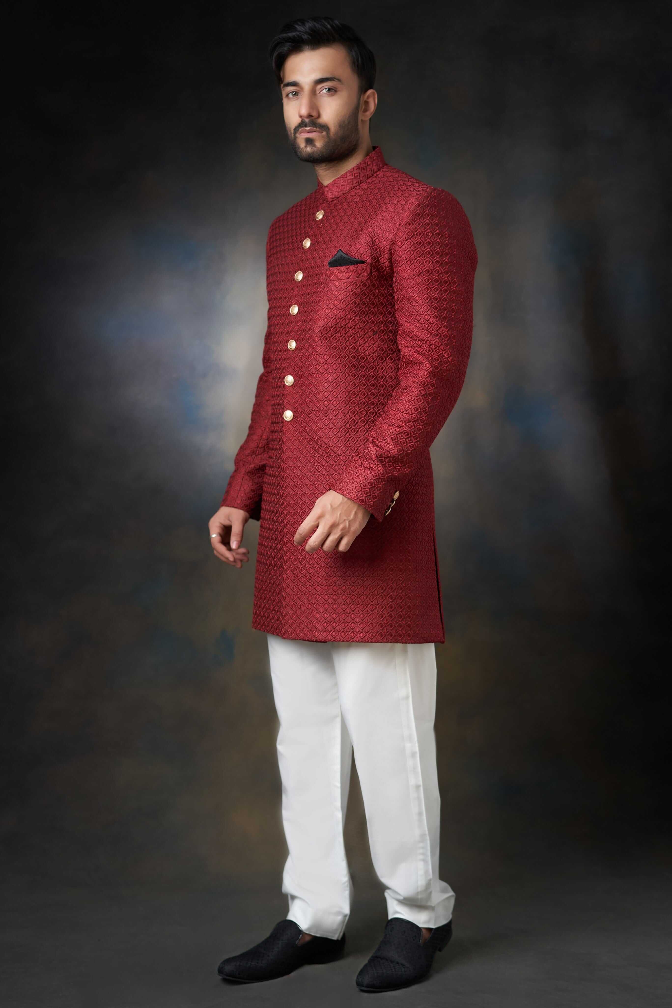 Deep Maroon Short Length Embroidered Sherwani, Luxury Wedding Wear.