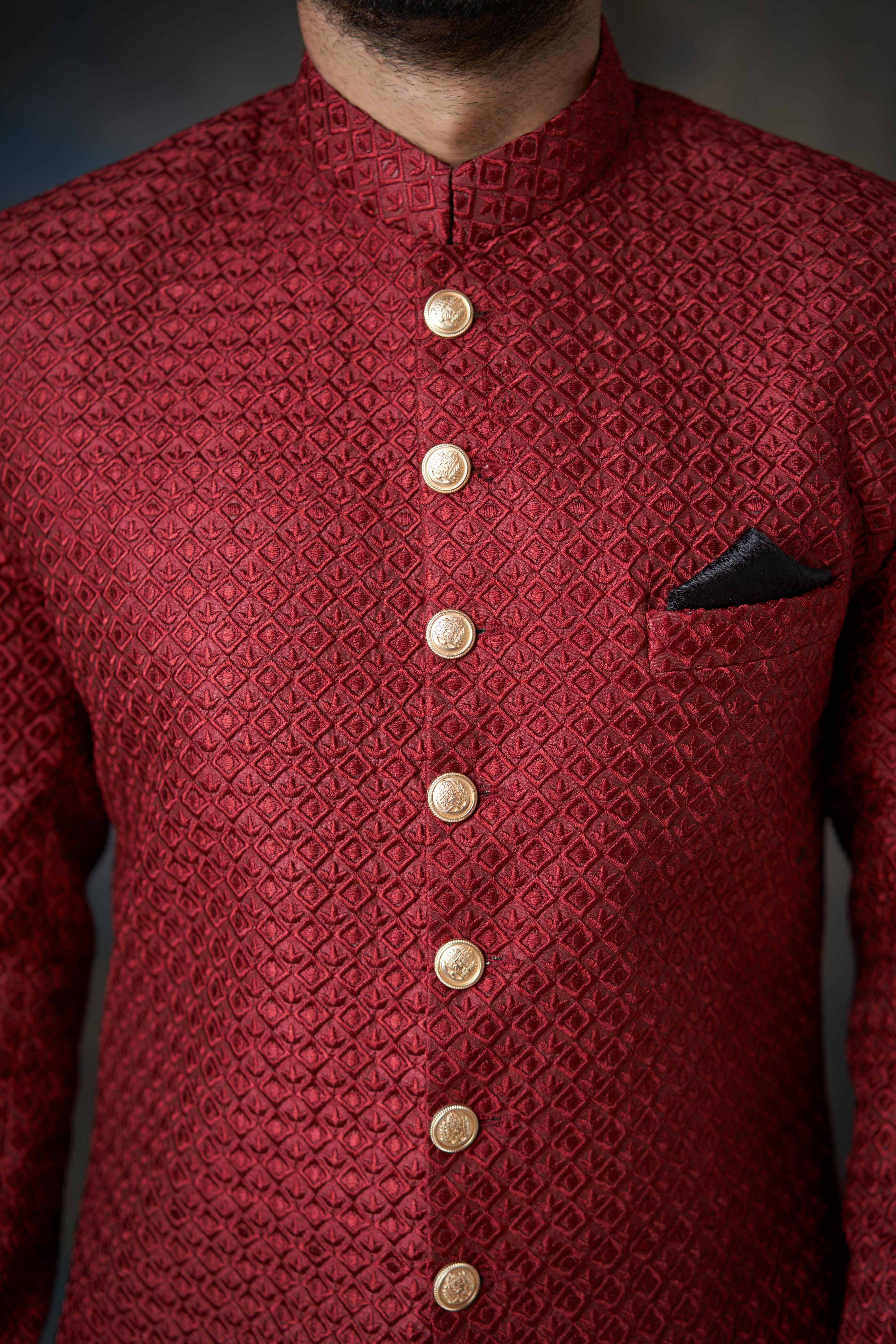 Deep Maroon Short Length Embroidered Sherwani, Luxury Wedding Wear.