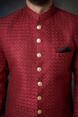 Deep Maroon Short Length Embroidered Sherwani, Luxury Wedding Wear.
