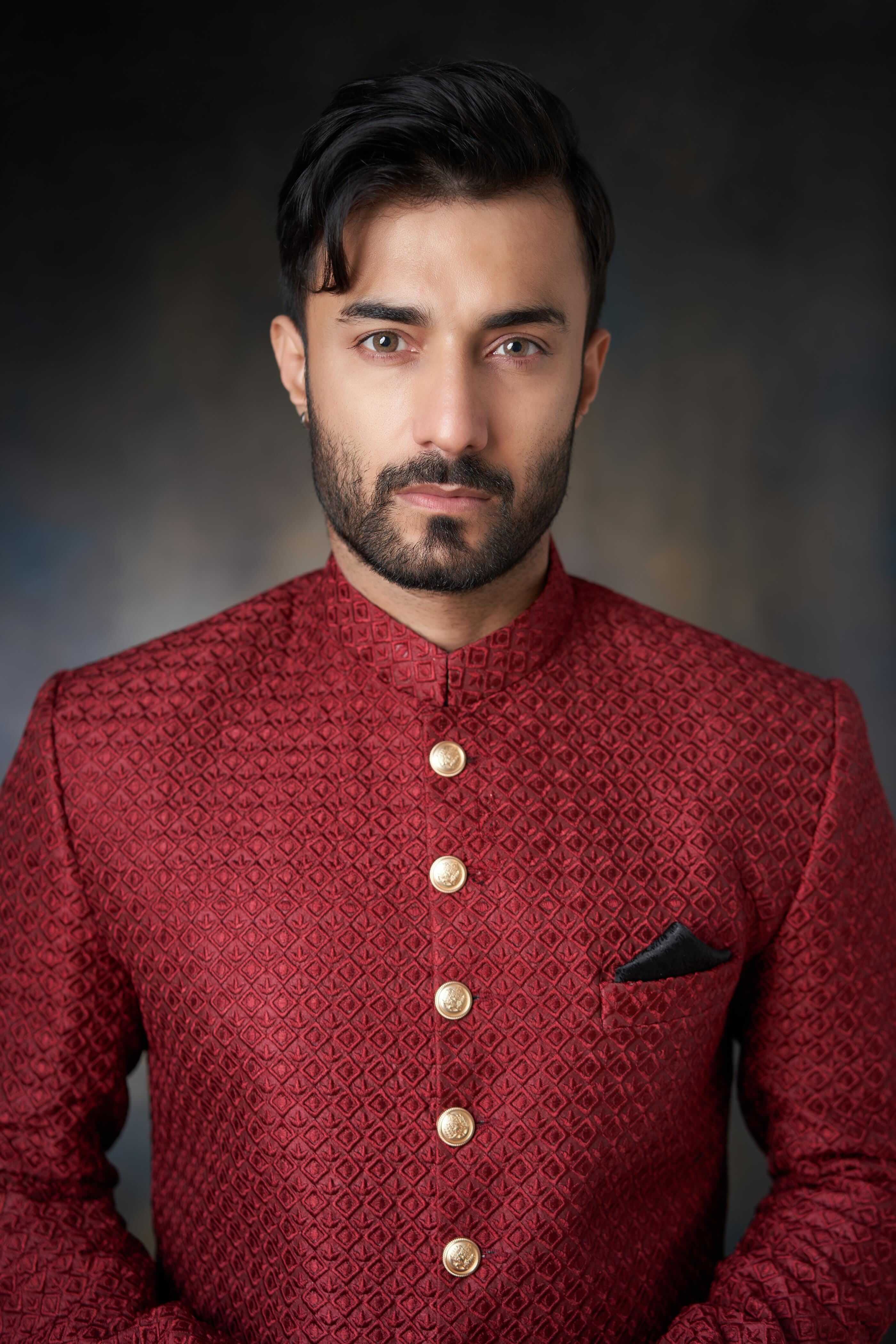Deep Maroon Short Length Embroidered Sherwani, Luxury Wedding Wear.
