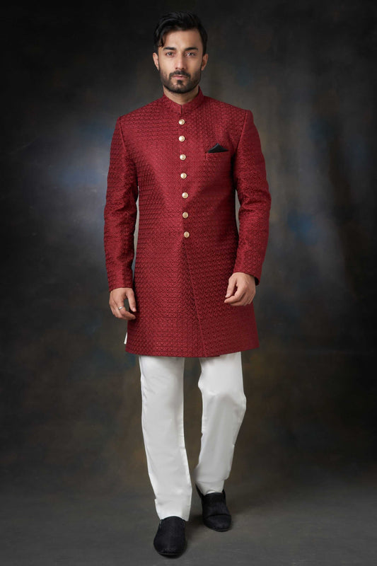 Deep Maroon Short Length Embroidered Sherwani, Luxury Wedding Wear.