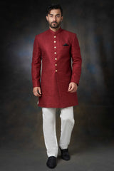 Deep Maroon Short Length Embroidered Sherwani, Luxury Wedding Wear.