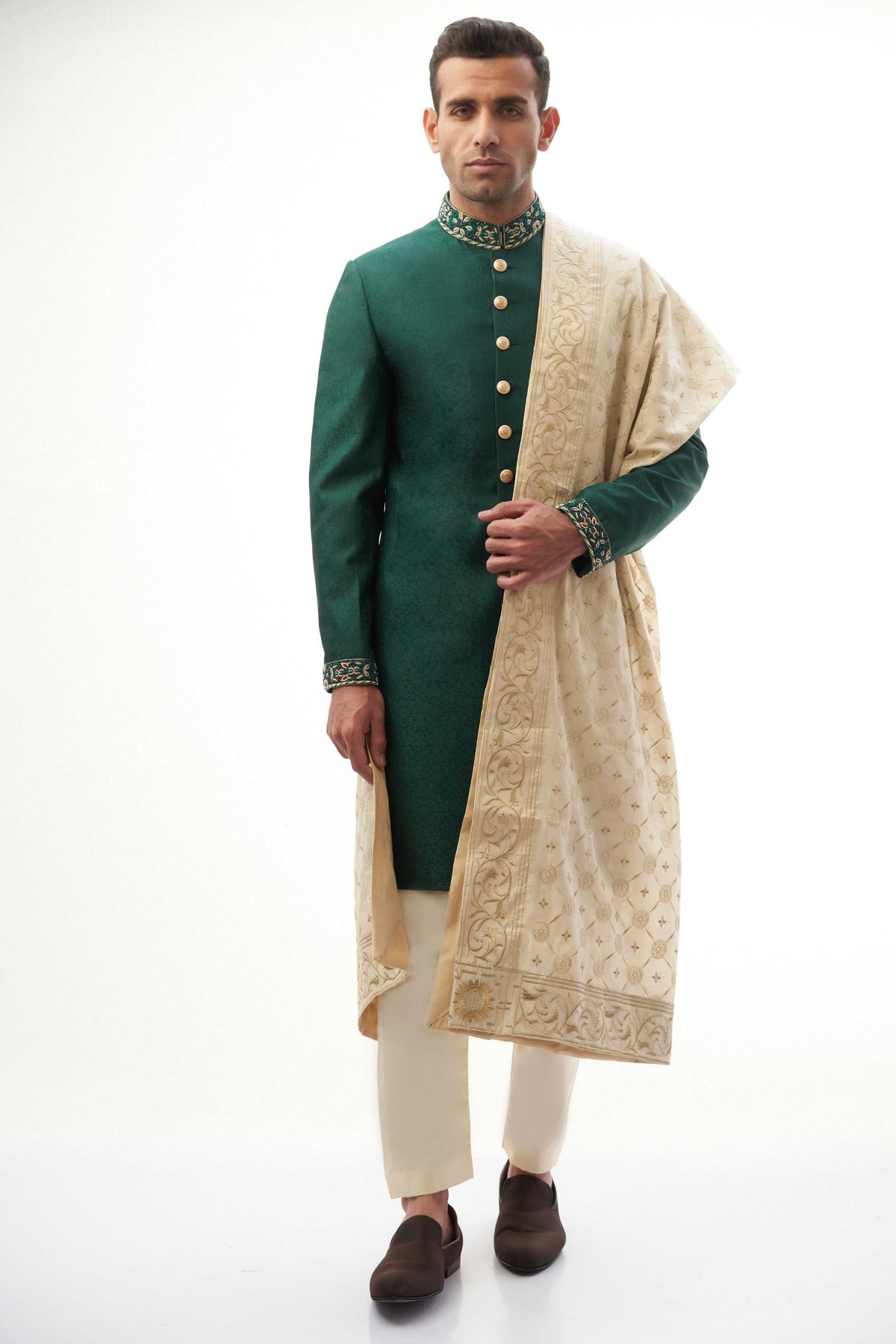 Emerald Green Brocade Silk Sherwani with Handcrafted Zardozi – Elegant and luxurious with intricate zardozi embroidery.