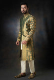  Emerald Green Sherwani with Velvet Shawl - Silk and Zari Handcrafted, Elegant Wedding Attire.