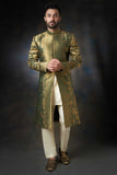  Emerald Green Sherwani with Velvet Shawl - Silk and Zari Handcrafted, Elegant Wedding Attire.