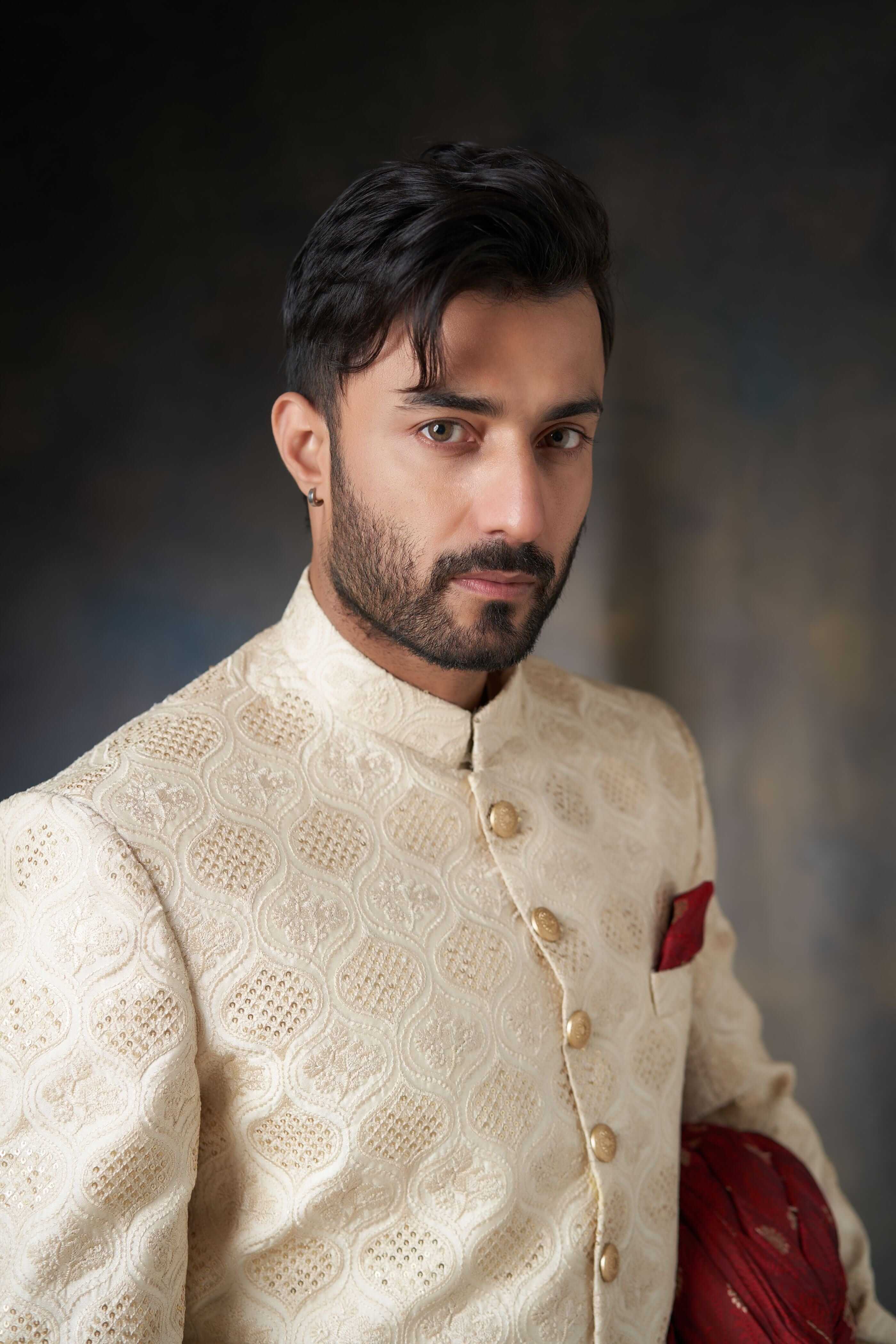 Fawn & Gold Rawsilk Sherwani with Sequins, Elegant Wedding Attire.