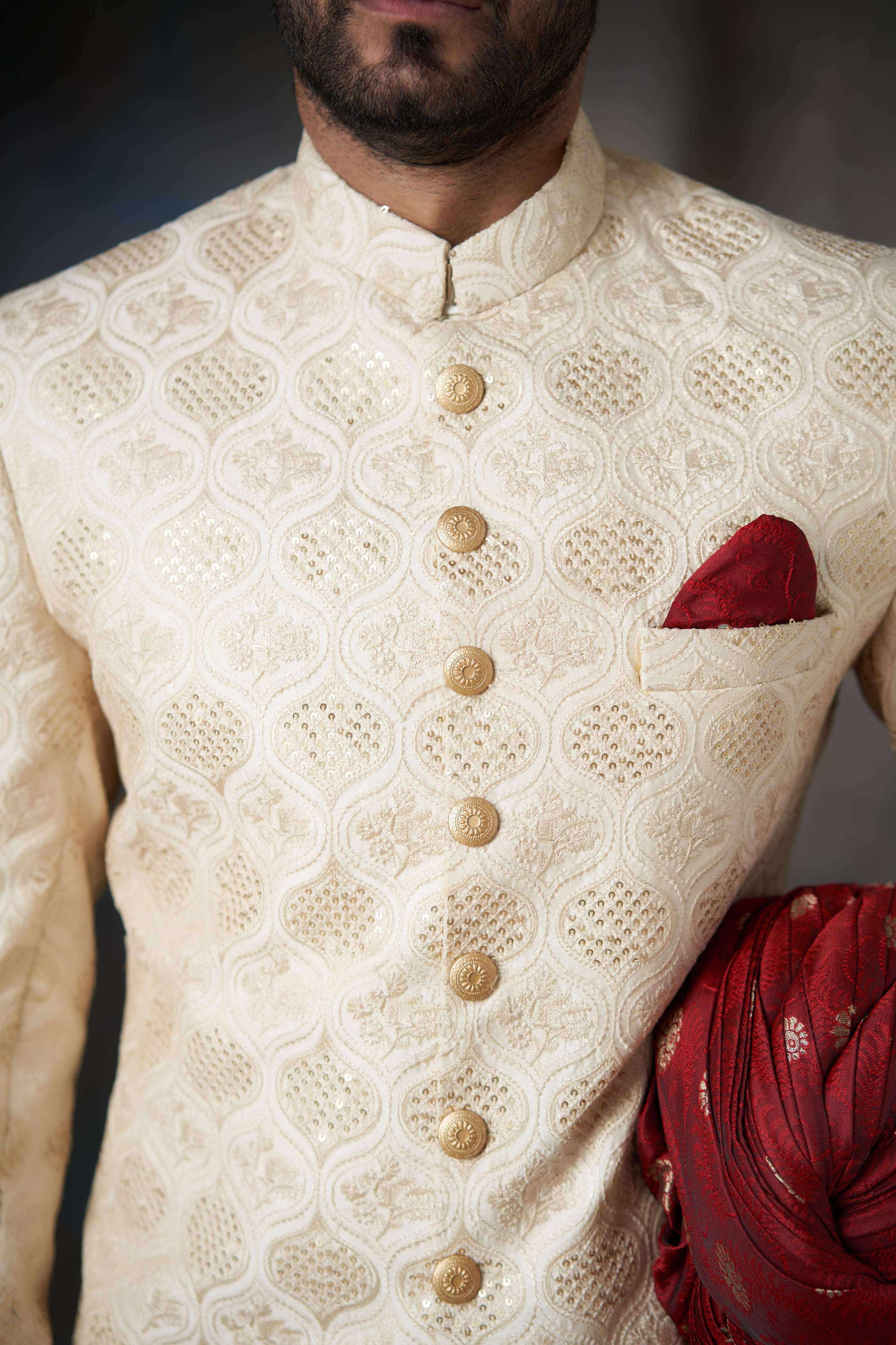 Fawn & Gold Rawsilk Sherwani with Sequins, Elegant Wedding Attire.