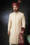  Gold Paisleys Rawsilk Sherwani with Velvet Shawl & Zardozi Adornments, Regal Wedding Attire.