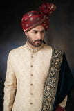  Gold Paisleys Rawsilk Sherwani with Velvet Shawl & Zardozi Adornments, Regal Wedding Attire.
