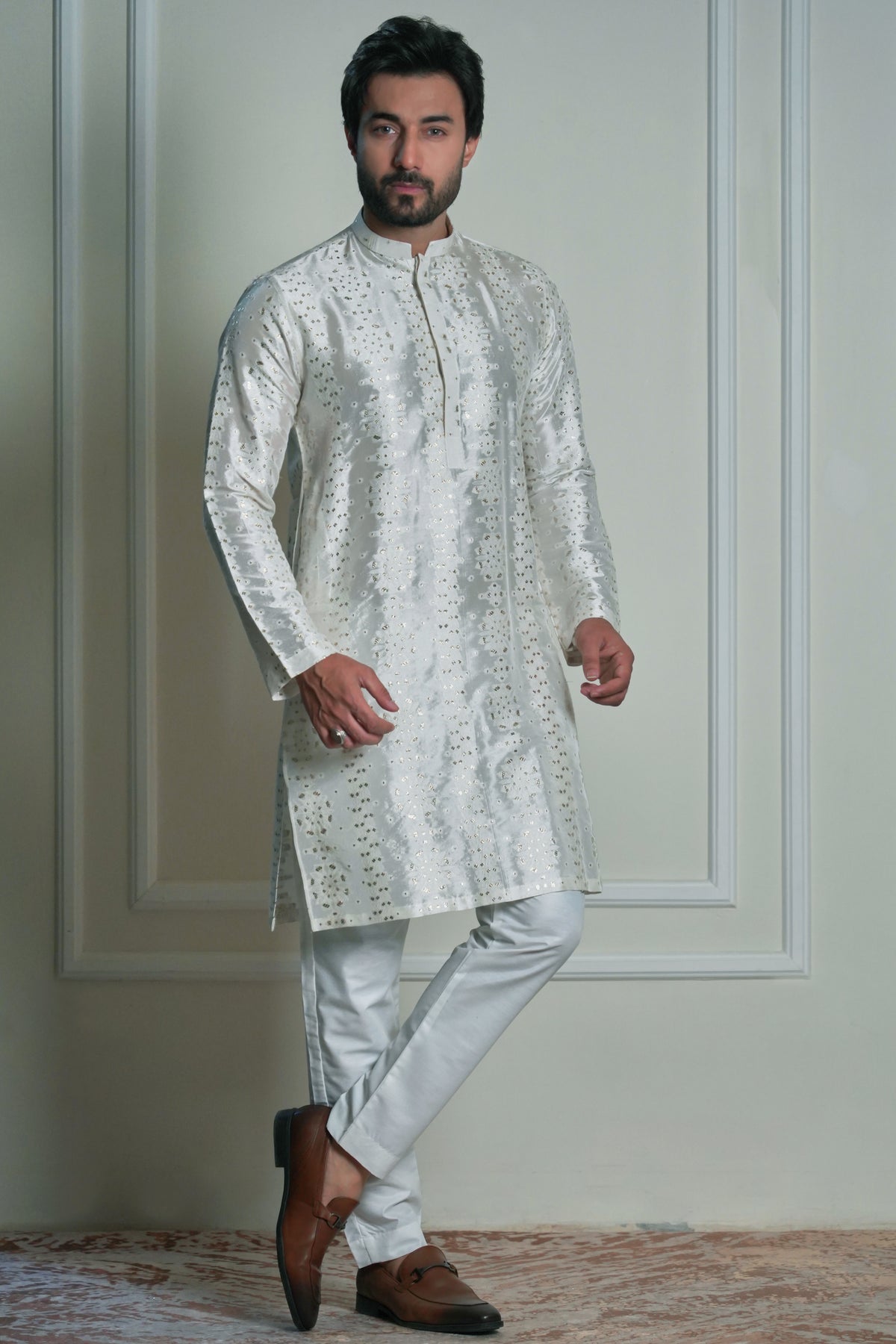 Ivory mirror-work festive kurta for men by Arsalan Iqba