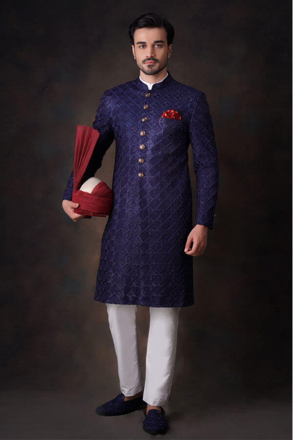 Jashan - Midnight Blue Sherwani Set Fully Embroidered for Regal Occasions
