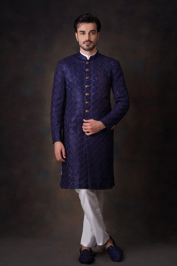 Jashan - Midnight Blue Sherwani Set Fully Embroidered for Regal Occasions