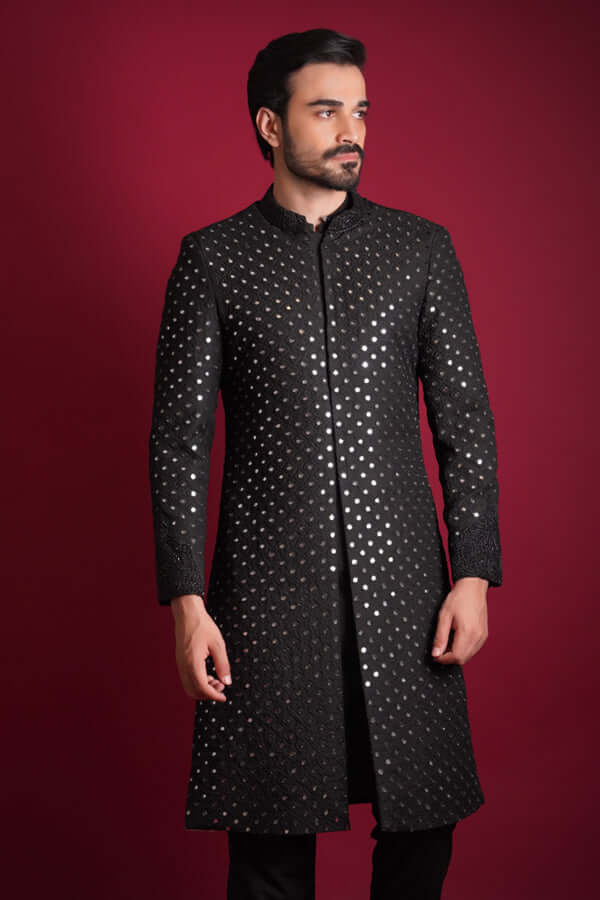 Jet Black Mirror Worked Sherwani – Elegant Traditional Attire with Intricate Mirror Embellishments