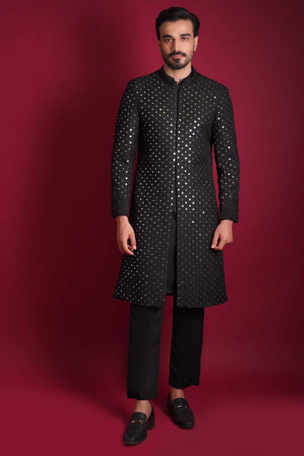 Jet Black Mirror Worked Sherwani – Elegant Traditional Attire with Intricate Mirror Embellishments