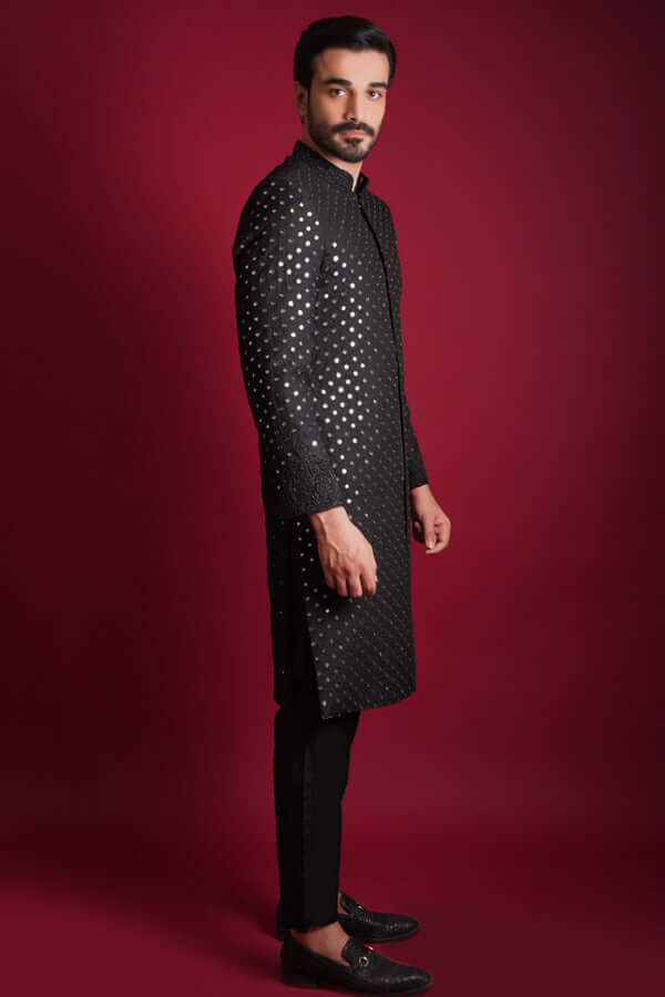 Jet Black Mirror Worked Sherwani – Elegant Traditional Attire with Intricate Mirror Embellishments