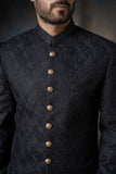 Jet Black Persian Gardens Short Length Sherwani, Regal Wedding Wear.