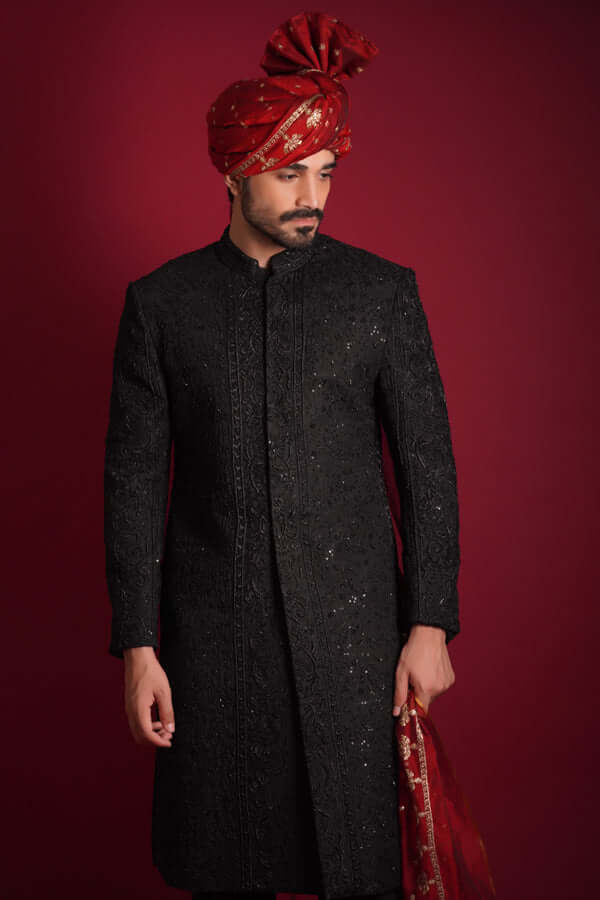 Jet Black Persian Zardozi Artwork Sherwani – Luxurious Sherwani with Handcrafted Persian Zardozi Embroidery