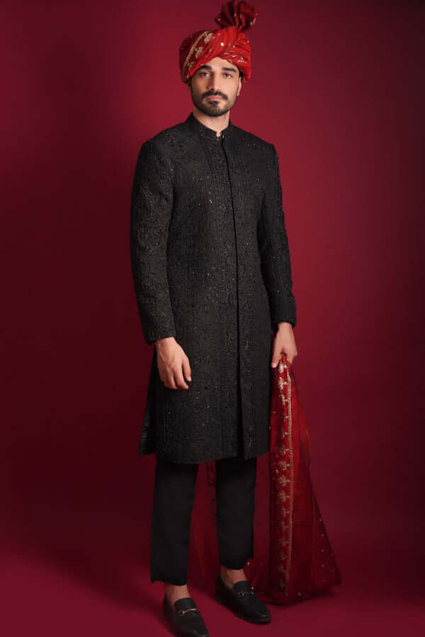 Jet Black Persian Zardozi Artwork Sherwani – Luxurious Sherwani with Handcrafted Persian Zardozi Embroidery