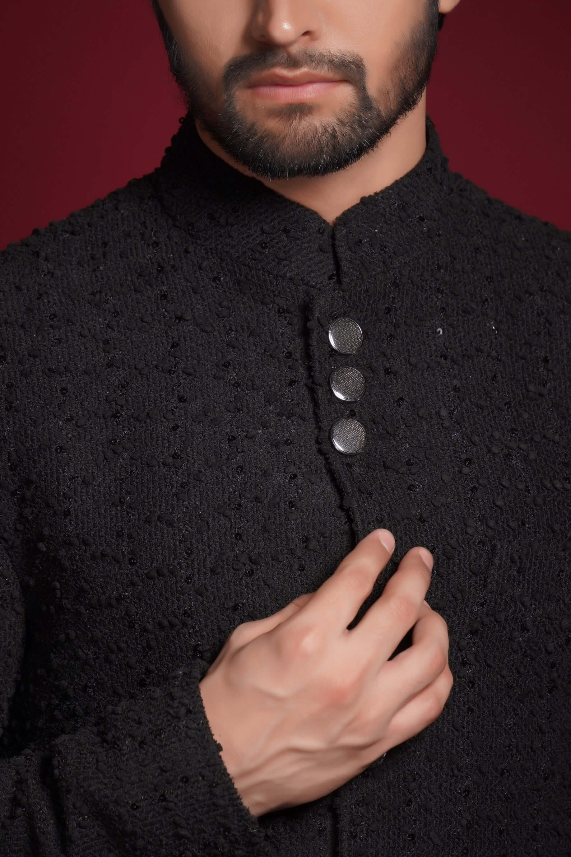 Jet Black Sequined Sherwani for Men – Elegant Formal Attire with Subtle Sparkle