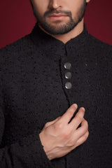 Jet Black Sequined Sherwani for Men – Elegant Formal Attire with Subtle Sparkle
