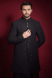 Jet Black Sequined Sherwani for Men – Elegant Formal Attire with Subtle Sparkle