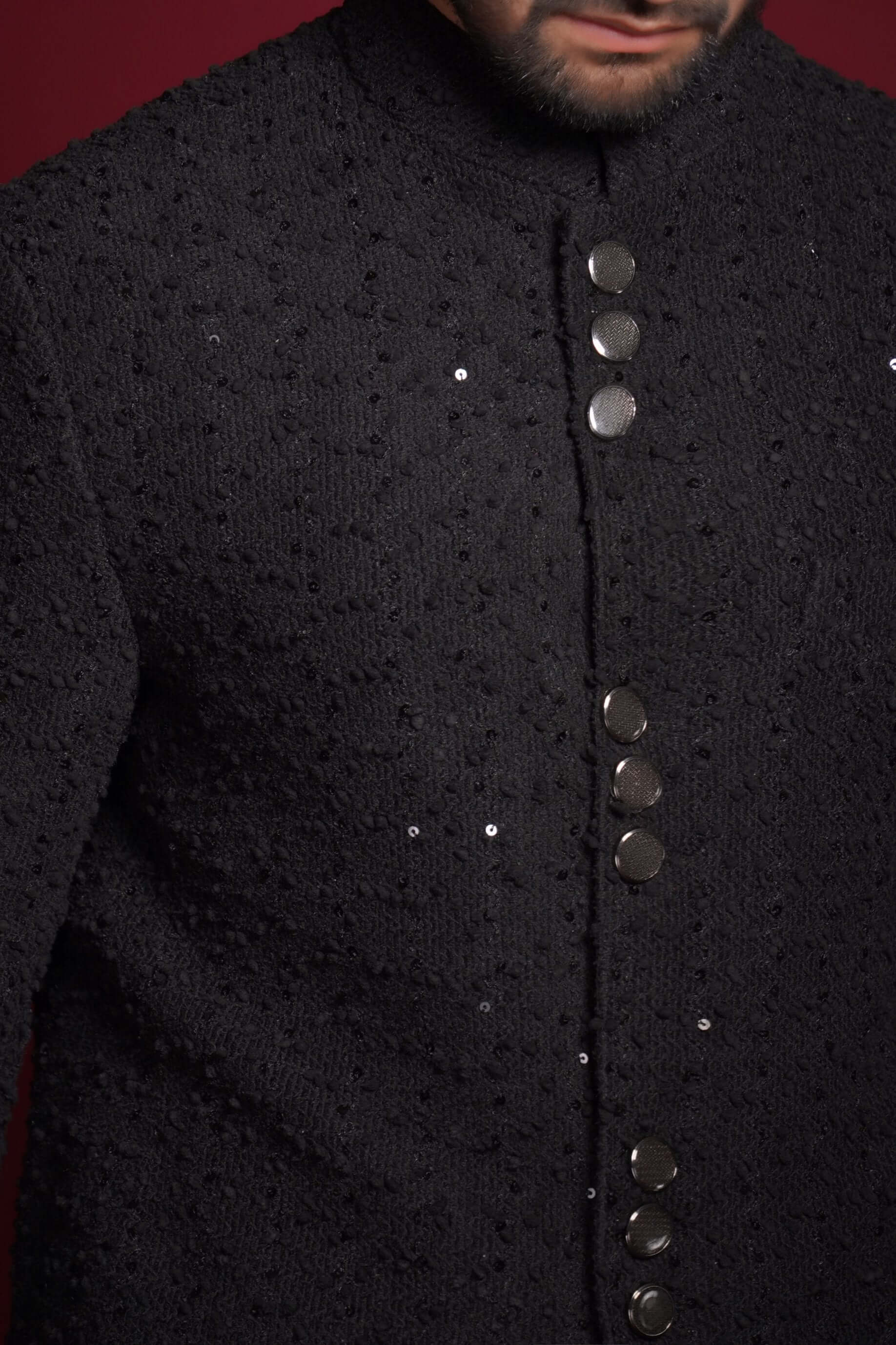 Jet Black Sequined Sherwani for Men – Elegant Formal Attire with Subtle Sparkle