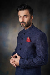 Midnight Blue Silk Sherwani with Fabric Buttons, Elegant Wedding Attire.