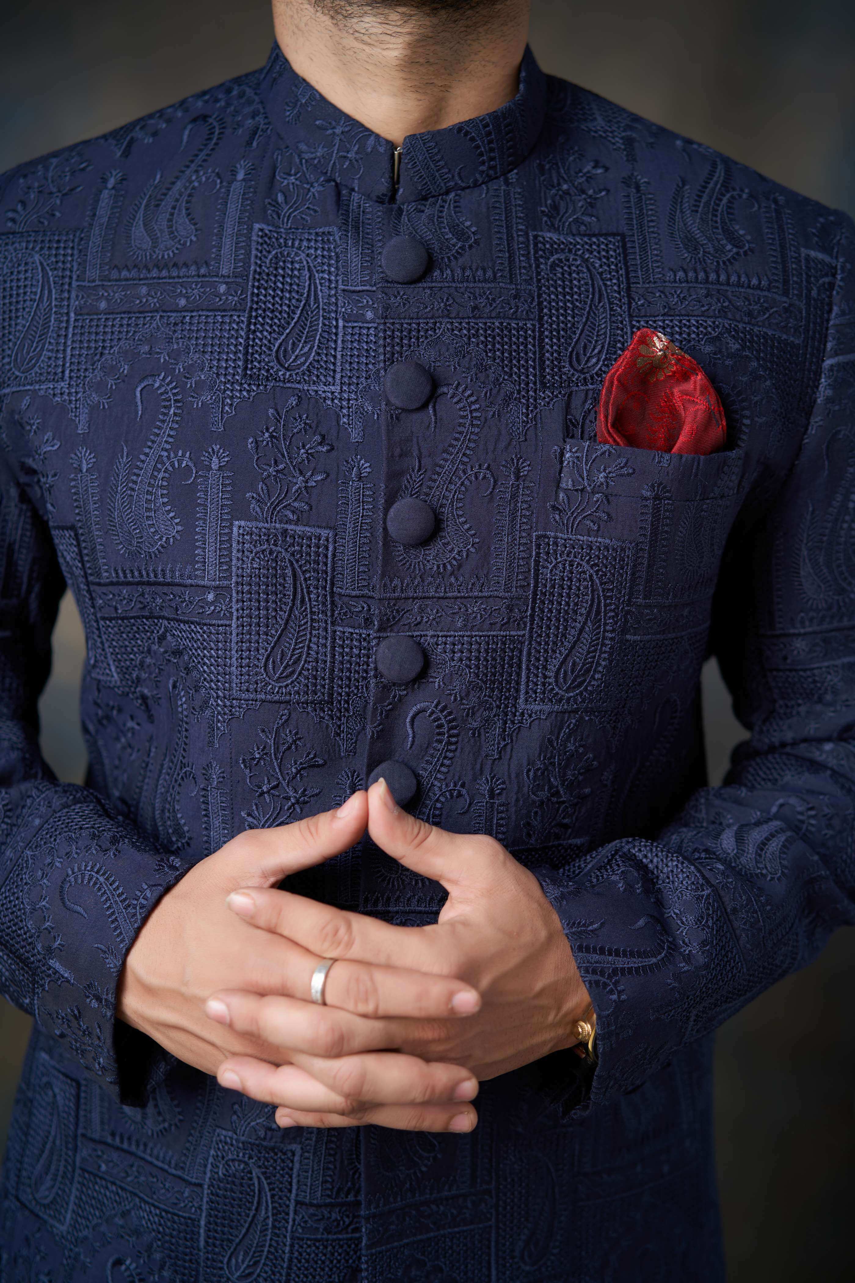 Midnight Blue Silk Sherwani with Fabric Buttons, Elegant Wedding Attire.
