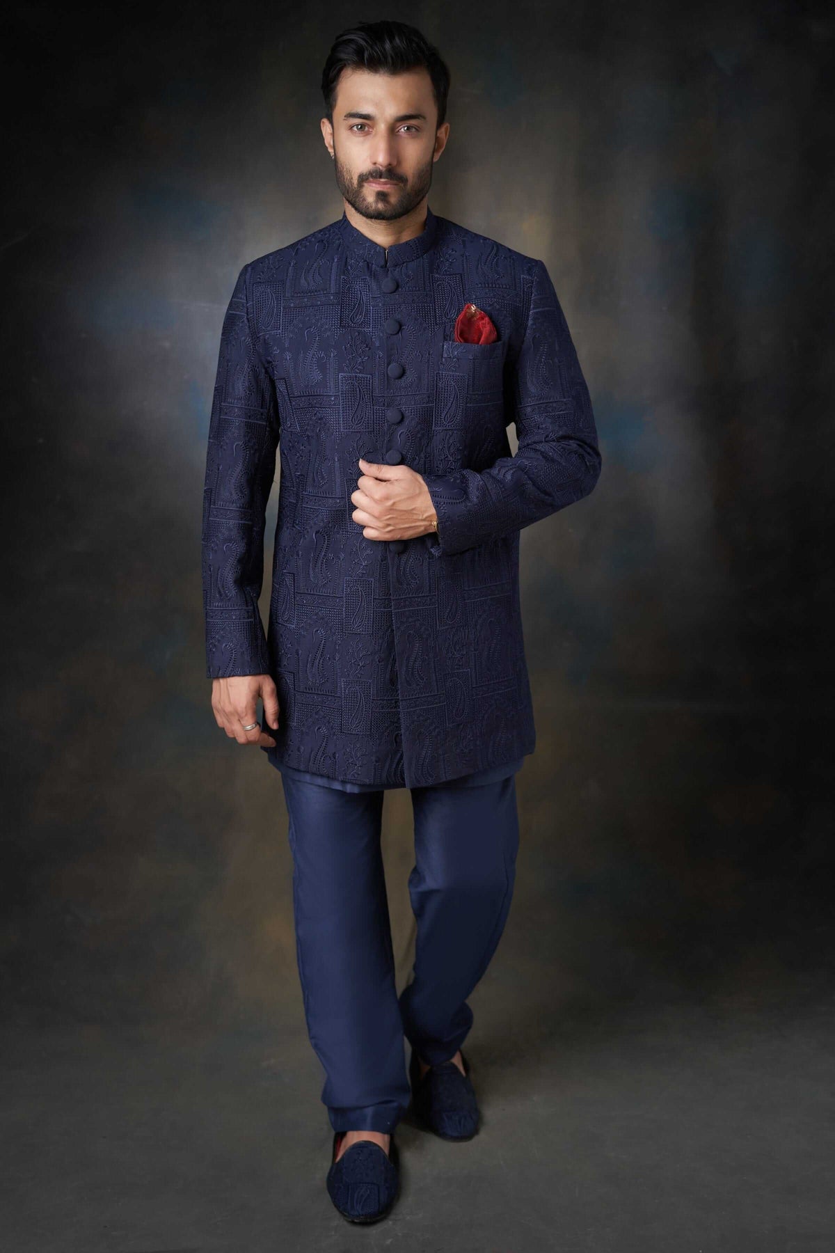 Midnight Blue Silk Sherwani with Fabric Buttons, Elegant Wedding Attire.
