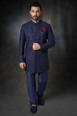 Midnight Blue Silk Sherwani with Fabric Buttons, Elegant Wedding Attire.