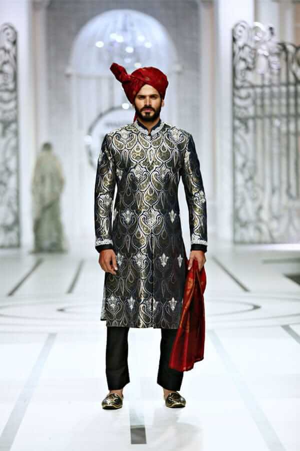 midnight blue silk Badla Zari Jamavar Sherwani